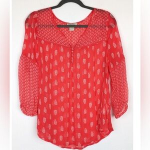 Lucky Brand Orange Red Blouse BOHO Top Shirt Bishop Sleeve Size Medium